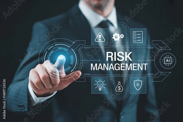 Fototapeta Businessman in Dark Suit Interacting with Virtual Screen Displaying "RISK MANAGEMENT", risk analysis, virtual display, risk assessment, enterprise risk, financial risk, businessman technology

