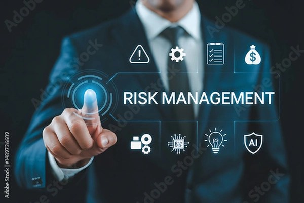 Fototapeta Businessman in Dark Suit Interacting with Virtual Screen Displaying "RISK MANAGEMENT", risk analysis, virtual display, risk assessment, enterprise risk, financial risk, businessman technology

