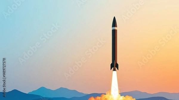 Obraz Rocket Launch Against a Colorful Sky with Mountains in the Background