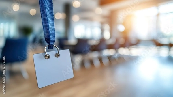 Fototapeta Empty attendee name badge hangs in a modern office.