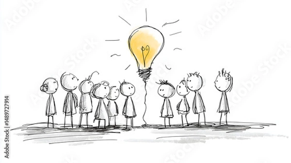 Fototapeta Stick Figure Team Brainstorming Around Table – Minimalist Business Sketch