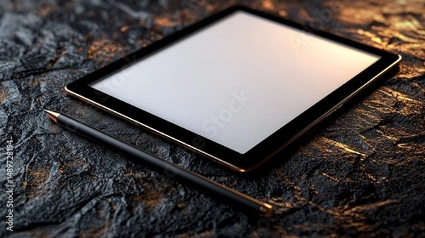 Fototapeta Sleek black tablet computer rests on a dark surface, beside a writing instrument.