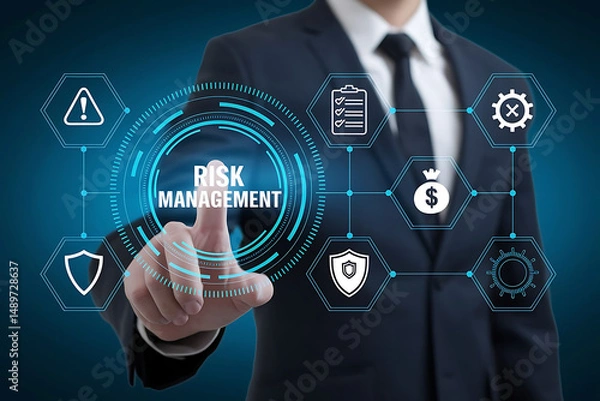 Fototapeta Businessman in Dark Suit Interacting with Virtual Screen Displaying "RISK MANAGEMENT", risk analysis, virtual display, risk assessment, enterprise risk, financial risk, businessman technology

