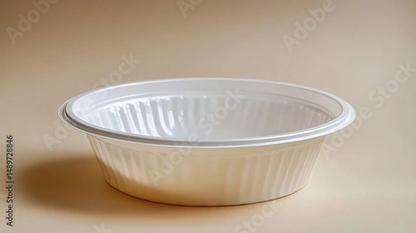 Fototapeta Empty white disposable plastic bowl on a pale beige surface.