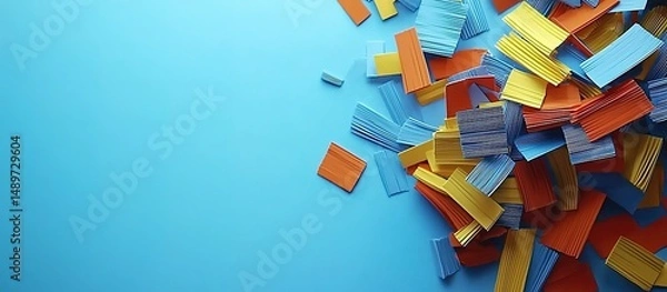 Fototapeta Colorful confetti pieces scattered on a light blue background.