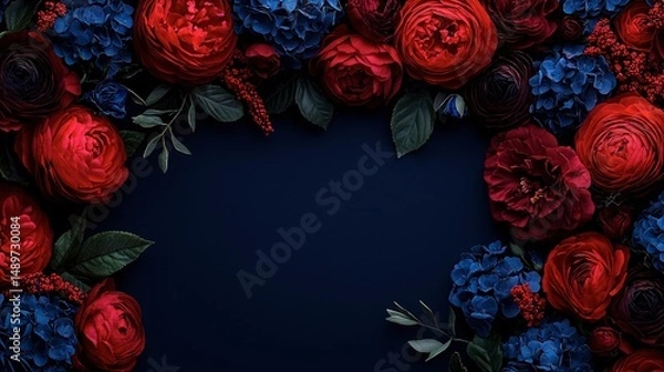 Fototapeta Vibrant red and blue flowers frame a dark background.