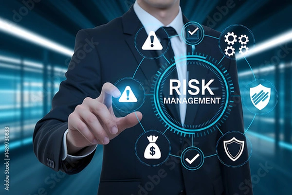 Fototapeta Businessman in Dark Suit Interacting with Virtual Screen Displaying "RISK MANAGEMENT", risk analysis, virtual display, risk assessment, enterprise risk, financial risk, businessman technology

