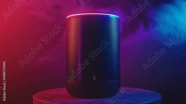 Fototapeta Stylish black portable speaker illuminated by vibrant neon lights.
