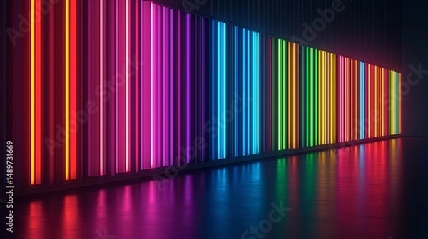 Fototapeta Multicolored neon light strips form a vibrant wall.