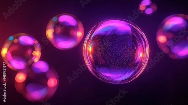 Fototapeta Vibrant, glowing soap bubbles against a dark background.