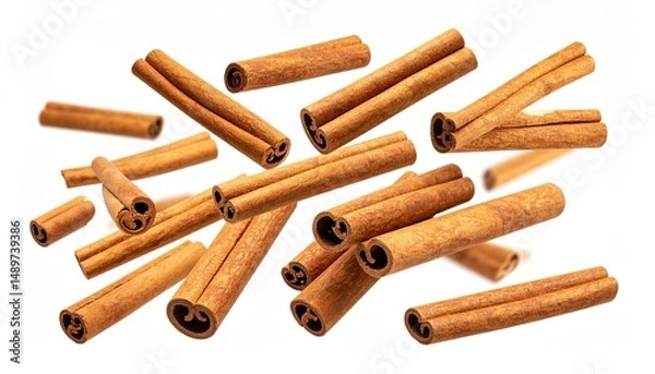 Obraz Cinnamon sticks scattered in mid-air against a white background.