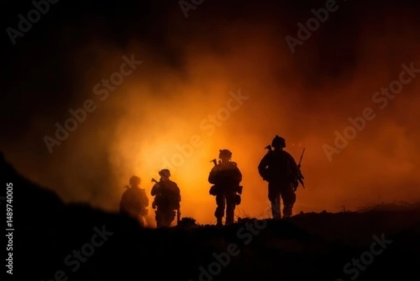 Fototapeta Silhouette of soldiers moving in a smoky fiery environment at night