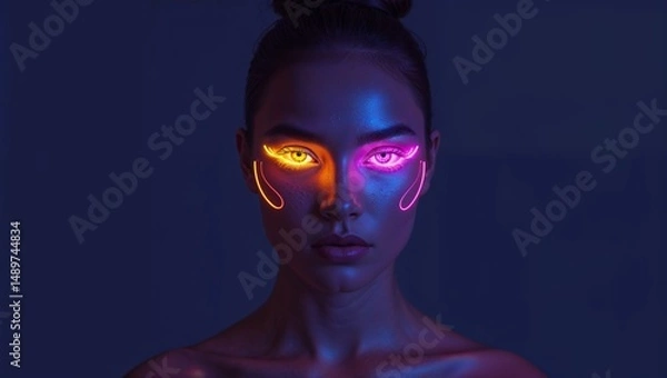 Fototapeta Neon face paint glowing in the dark on plain dark background