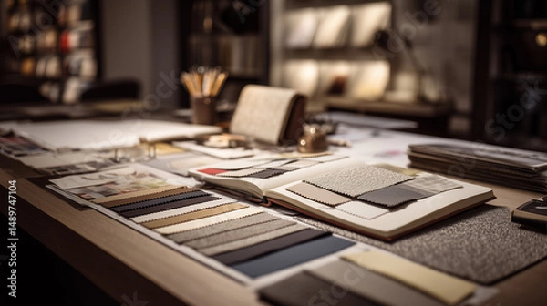 Fototapeta Material samples and design sketches arranged on a creative workspace in a modern interior design studio
