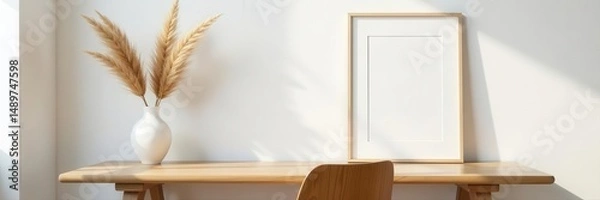 Fototapeta Elegant home office setup Empty picture frame on wooden desk, white vase, dry grass, Scandinavian style chair , home office, minimalist, wooden desk