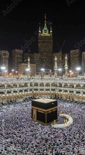 Obraz Night View of the Grand Mosque in Mecca, Saudi Arabia  with Pilgrims Performing Prayers around the Kaaba and Abraj Al-Bait Clock Tower