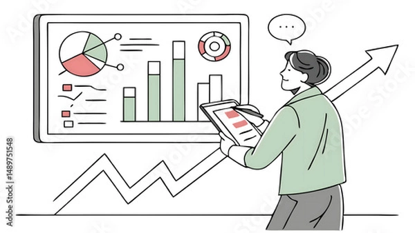 Fototapeta Stick Figure Analyzing Marketing Data on Dashboard – Line Art Illustration

