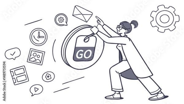 Fototapeta Stick Figure Pressing “Go” Button for Campaign Launch – Minimal Sketch

