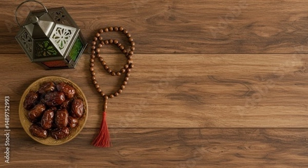 Obraz Ramadan Kareem: Dates, Lantern, and Prayer Beads on Wooden Surface