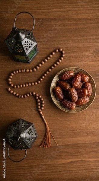 Obraz Ramadan Kareem: Dates, Lanterns, and Prayer Beads on Wooden Tabletop