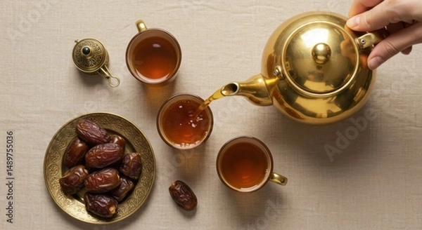 Obraz Golden Teapot Pouring Tea into Cups with Dates: A Traditional Middle Eastern Beverage