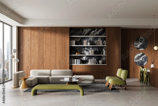 Fototapeta Modern interior living room with minimalist furniture, wooden wall panels, abstract art, and city view through large windows. 3D Rendering. 3D Rendering