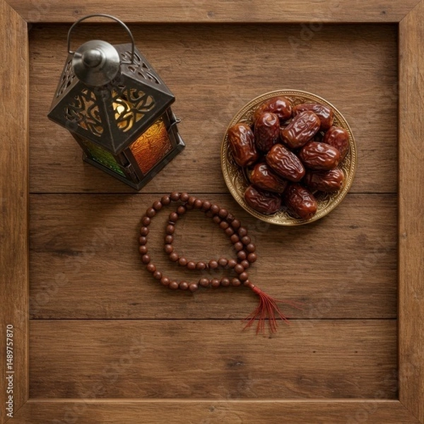 Obraz Ramadan Kareem: Dates, Lantern, and Prayer Beads on Wooden Tray