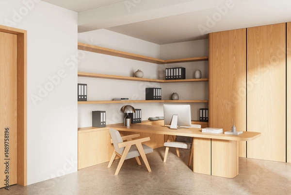 Fototapeta Modern minimalist office interior with wooden furniture, shelves, and computer desk in bright natural lighting and neutral tones. 3D Rendering