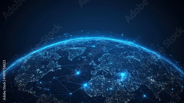 Obraz Global Network Connection with Light Effects Over Earth Visualization