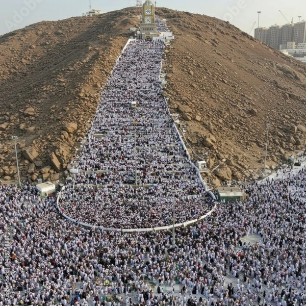 Obraz Aerial View of Massive Crowd Gathering at Mount Arafat during Hajj Pilgrimage in Mecca, Saudi Arabia