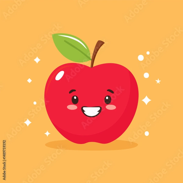 Obraz Red apple cartoon with big smile and leaf. Designed for educational media and cheerful children illustrations