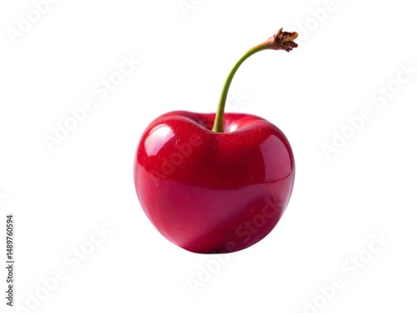 Fototapeta Single Bright Red Cherry on transparent background, with Stem and Subtle Reflections