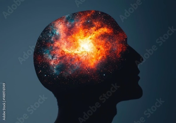 Fototapeta Cosmic Imagination Silhouette with Galactic Elements in Head