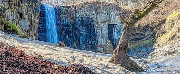 Fototapeta Dramatic landscape of a waterfall cascading into a stream beside a majestic tree and rocky cliffside