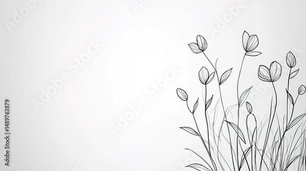Fototapeta Delicate line drawing of flowering plants on a light background.