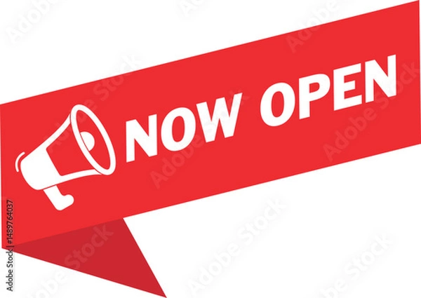 Fototapeta Now Open Label for business illustration with megaphone element.