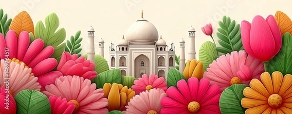 Fototapeta Taj Mahal Amidst Blossoms: A colorful display of vibrant floral arrangements frames the iconic Taj Mahal, creating a picturesque scene that evokes the rich cultural heritage and architectural wonder.