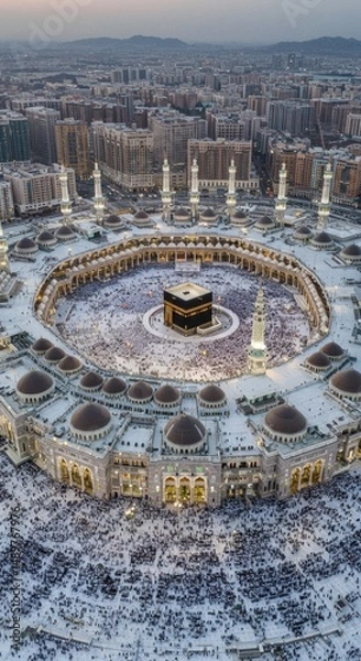 Obraz Aerial View of the Grand Mosque in Mecca during Hajj Season: A Breathtaking Panorama of Islamic Architecture and a Sea of Pilgrims