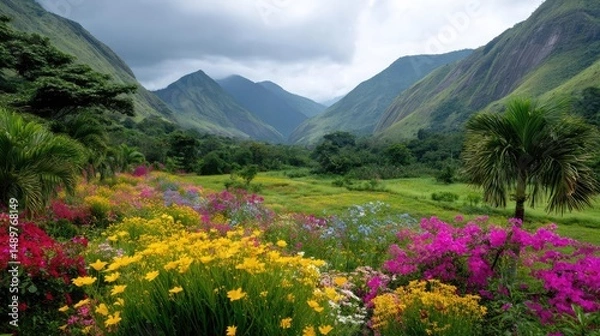Fototapeta Blooming flowers in meadow with mystical tropical landscapes concept. Vibrant flowers bloom in a lush valley surrounded by mountains.