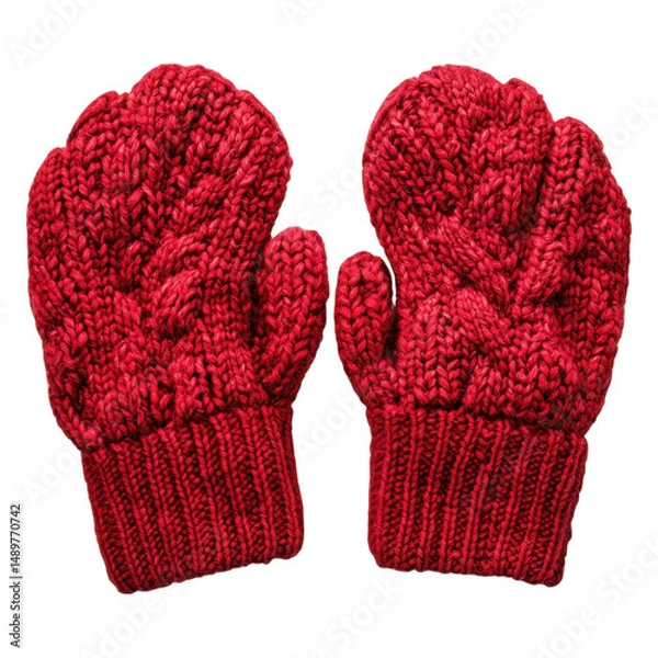 Fototapeta A pair of red knitted mittens with a chunky textured pattern and ribbed cuffs.