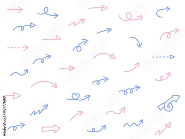 Fototapeta 手書きのゆるい矢印アイコンのベクターイラストセット。方向、手描き、シンプル、やじるし