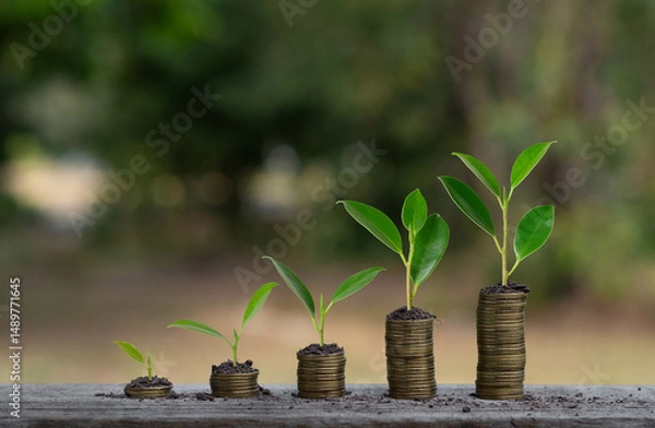 Fototapeta A creative representation of growth, featuring green sprouts emerging from stacked coins, symbolizing financial investment and sustainability.
