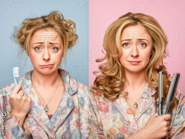 Fototapeta before and after of a woman getting up late for work
