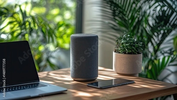Obraz A gray cylindrical smart speaker sits on a wooden desk beside a laptop, smartphone, and potted plants, bathed in sunlight streaming through a nearby window