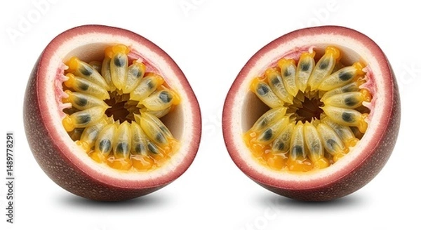 Fototapeta Fresh Passion Fruit Cut in Half Isolated on White Background