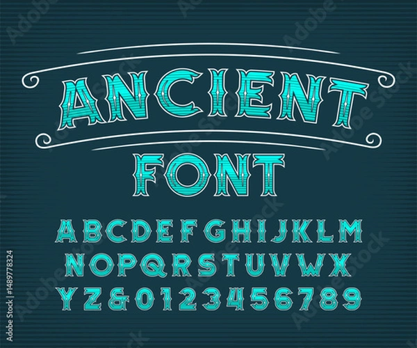 Fototapeta Ancient alphabet font. Old ornate letters and numbers. Vector typeface for your typography design.
