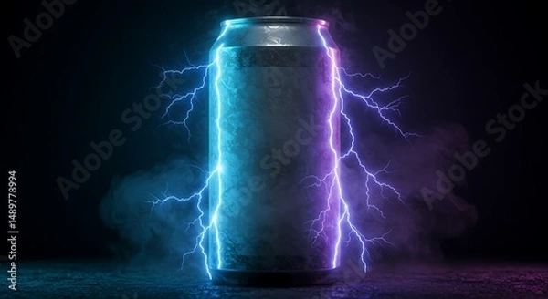 Fototapeta Electric Energy Drink Can with Lightning Bolts and Smoke Effects Background Concept