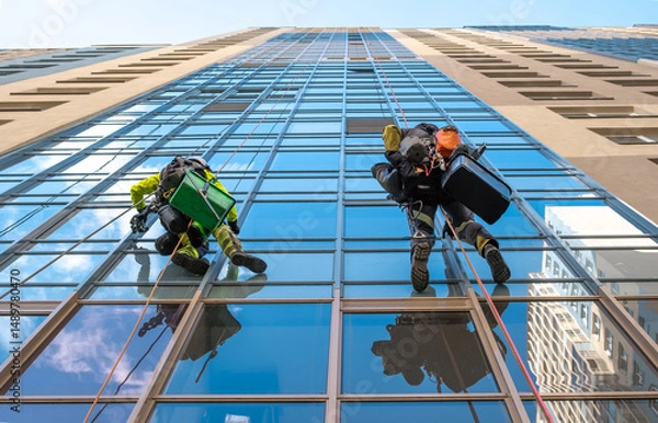 Fototapeta Rope access specialist washes the facade of a building