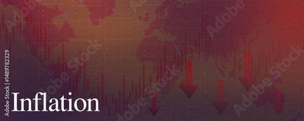 Fototapeta Inflation illustration background and texture with world map down arrow and share market loss signs.