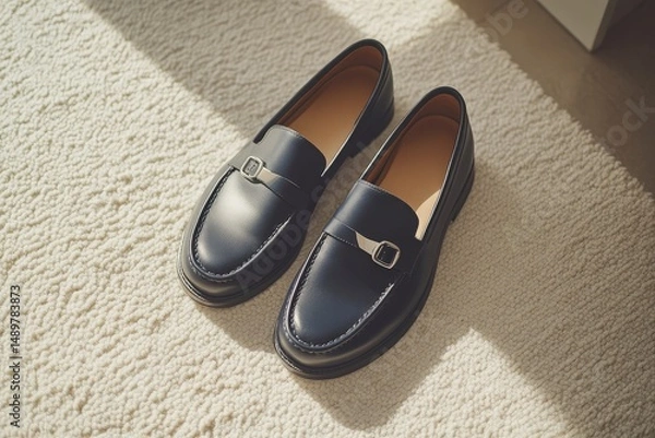 Fototapeta Pair of dark blue leather loafers on a beige rug.